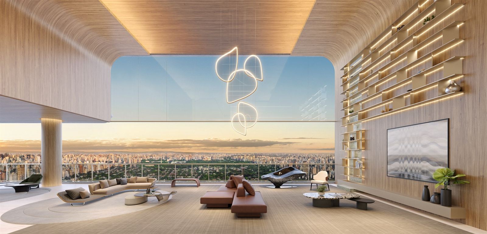 Living decorado com vista para a cidade