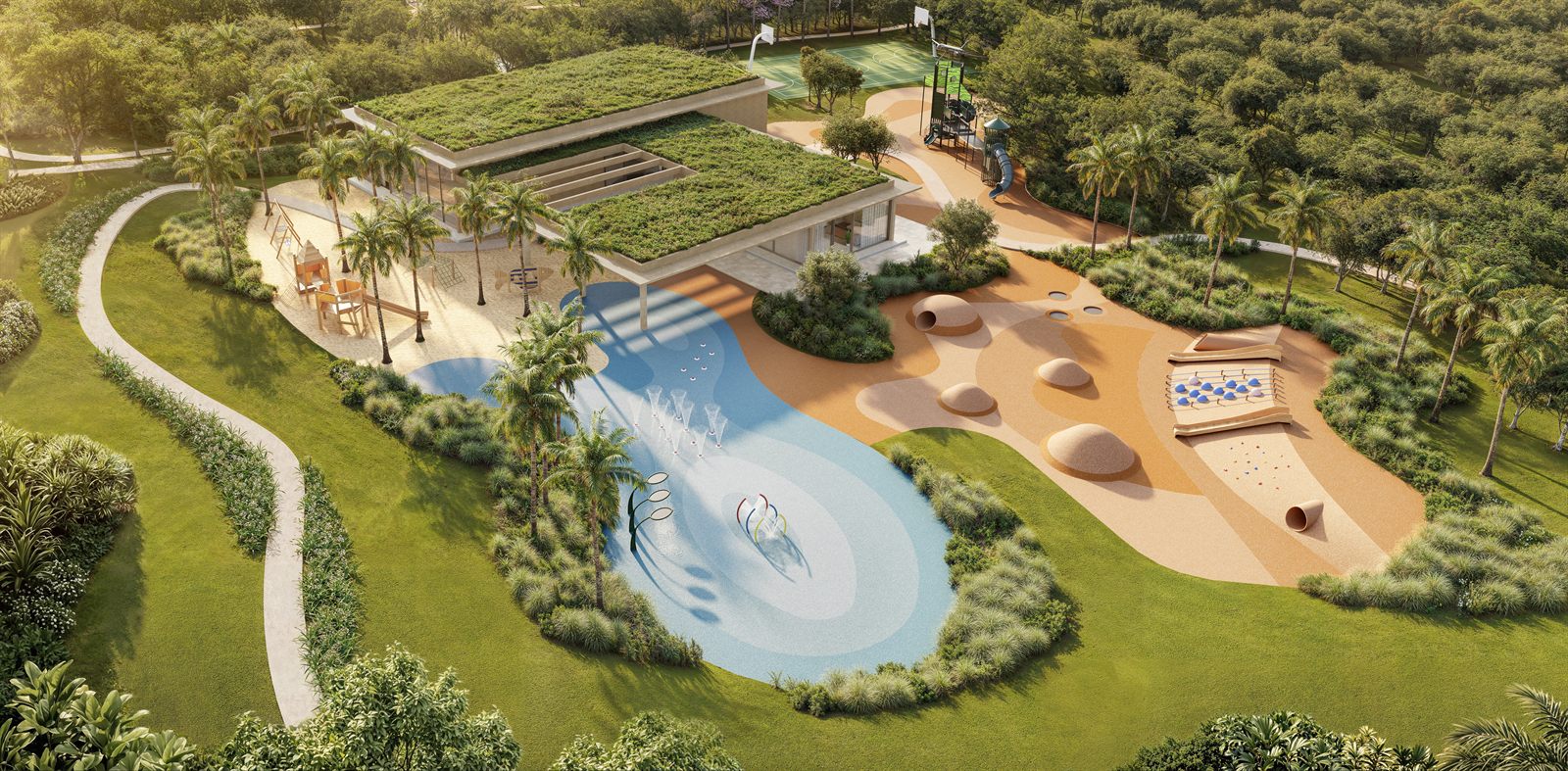 Vista aérea do centro esportivo com piscina e áreas de convivência