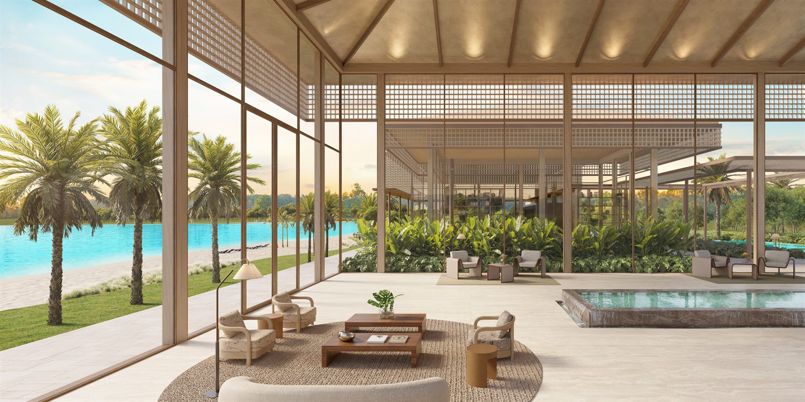 Lounge do clube com vista para a lagoa e palmeiras