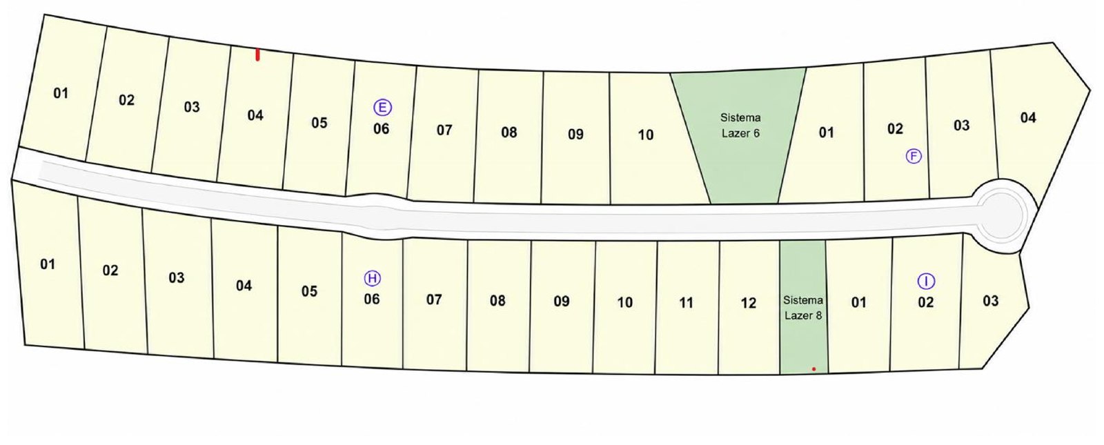 Planta de implantação do Heritage Riviera 1 com os lotes distribuídos nas quadras E, F, H e I ao longo da via interna