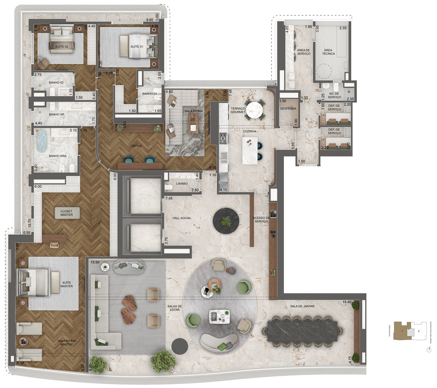 Planta Torre Venezia — Final 1 — Opção decorada, 515 m²